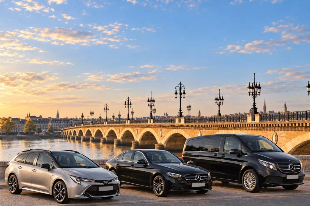 Deux berlines et un van VTC devant le pont de pierre de Bordeaux au coucher du soleil
