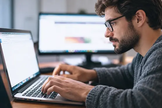 Mains d’une personne utilisant le clavier d’un ordinateur portable