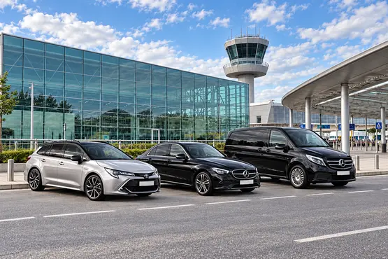 Deux berlines et un van stationnés devant un terminal d’aéroport.